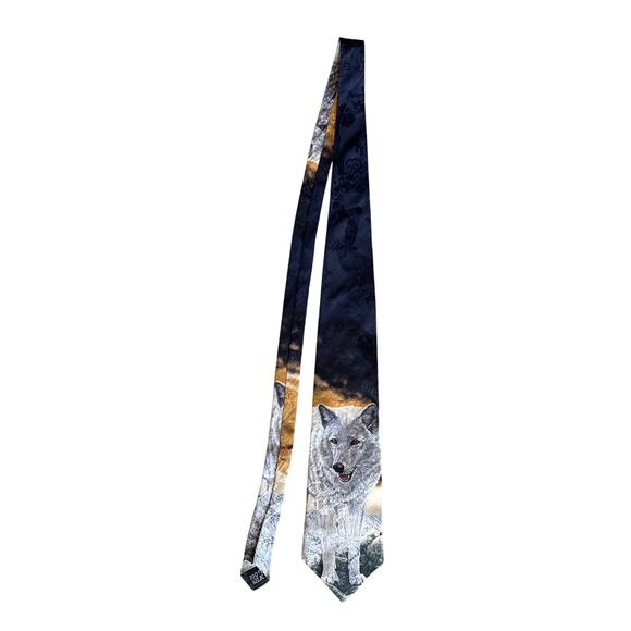 VTG Bonnie Marris Arctic Wolf Endangered Species USA Made Silk Wemco Necktie - Picture 1 of 5